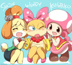 Rule 34 | 3girls, ^ ^, animal crossing, animal ears, animal nose, artist name, bangle, barefoot, bell, blonde hair, blue background, blue eyes, blue skirt, blush, body fur, bow, bracelet, brown eyes, brown footwear, character name, cheek-to-cheek, claws, closed eyes, closed mouth, colored skin, crossover, dog ears, dog girl, dog tail, dress, eromame, eye contact, female focus, flat chest, full body, furry, furry female, furry with furry, green vest, hair bell, hair bow, hair ornament, hair tie, hands up, happy, heads together, holding hands, isabelle (animal crossing), jewelry, jingle bell, knees together feet apart, knees up, large bow, lizard tail, long hair, looking at another, looking to the side, mario (series), miniskirt, multicolored skin, multiple girls, neck ribbon, necklace, nintendo, no pupils, one eye closed, open mouth, orange skin, pearl necklace, pencil skirt, pink bow, pink dress, pink footwear, pink hair, pink lips, polka dot, polka dot bow, red ribbon, red vest, reptile girl, ribbon, shirt, shoes, short hair, short sleeves, simple background, sitting, skirt, sleeveless, sleeveless dress, smile, squatting, standing, straight-on, tail, toadette, topknot, twintails, twitter username, two-tone fur, two-tone skin, vest, watermark, wendy o. koopa, white fur, white shirt, yellow fur, yuri