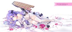 Rule 34 | 1girl, ahoge, azur lane, bare shoulders, bed sheet, black bow, black ribbon, blush, bouquet, bow, character name, commentary request, copyright name, covered navel, detached sleeves, dress, flight deck, flower, hair between eyes, hair bun, hair ribbon, highres, jin young-in, long hair, long sleeves, looking at viewer, lying, hugging object, on side, one side up, parted lips, petals, pink flower, pink rose, purple eyes, purple flower, purple hair, purple rose, ribbon, ring box, rose, shoes, side bun, single hair bun, single shoe, single side bun, skindentation, sleeves past wrists, solo, stuffed animal, stuffed pegasus, stuffed toy, stuffed unicorn, stuffed winged unicorn, thighhighs, unicorn (azur lane), very long hair, white dress, white flower, white footwear, white thighhighs, yellow flower