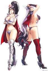Rule 34 | 2girls, aken, albino, ankle wings, arm at side, armor, ass, beads, bikini armor, black hair, black legwear, boots, breasts, cape, copyright request, crossed arms, full body, greaves, hair between eyes, hand on own head, head wings, heart, high heels, high ponytail, highres, huge breasts, jewelry, large breasts, leg armor, legs apart, long hair, midriff, multicolored hair, multiple girls, necklace, open mouth, panties, pauldrons, pearl thong, ponytail, red cape, red eyes, red legwear, seductive smile, shin guards, shoulder armor, sideboob, simple background, smile, smirk, standing, teeth, thighhighs, twitter username, underwear, vambraces, very long hair, white background, white hair, wings