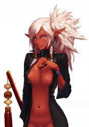 Rule 34 | 00s, 1girl, :p, bad id, bad pixiv id, braid, dark-skinned female, dark skin, dungeon &amp; fighter, dungeon and fighter, earrings, elf, groin, jewelry, minette (dungeon and fighter), nero (s3794), open clothes, pointy ears, ponytail, purple eyes, ring, rolling eyes, side braid, simple background, solo, sword, tongue, tongue out, twin braids, weapon, white background, white hair