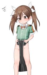 Rule 34 | 1girl, absurdres, aged down, bow, bowtie, brown eyes, brown hair, clothes lift, dated, feet out of frame, flat chest, green shirt, hair ribbon, highres, kantai collection, long hair, maru (marg0613), military uniform, no panties, one-hour drawing challenge, pelvic curtain, pelvic curtain lift, red bow, red bowtie, ribbon, shirt, simple background, solo, tone (kancolle), twintails, twitter username, uniform, white background