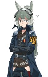 Rule 34 | 1girl, ?, absurdres, animal ears, arknights, armband, black collar, black shirt, blue gloves, blue jacket, blue pants, collar, collared jacket, commentary, cowboy shot, crossed arms, drawdrawdeimos, gauntlets, gloves, grani (arknights), grey eyes, grey hair, hair between eyes, high collar, highres, hip vent, horse ears, horse girl, infection monitor (arknights), jacket, long hair, looking at viewer, open clothes, open jacket, pants, shirt, simple background, solo, visor lift, white background