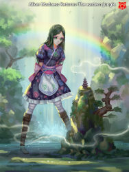Rule 34 | 1girl, alice: madness returns, alice (alice in wonderland), alice in wonderland, alice liddell (american mcgee&#039;s alice), american mcgee&#039;s alice, american mcgee's alice, apron, black hair, breasts, closed mouth, commentary, dress, green eyes, highres, jupiter symbol, lolita fashion, long hair, pantyhose, rainbow, shui qian he kafei, solo, striped clothes, striped pantyhose