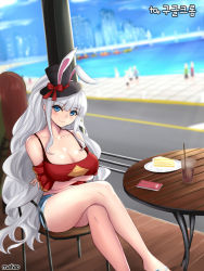 Rule 34 | 1girl, animal ears, bare shoulders, blue eyes, breast lift, breasts, rabbit ears, chair, cleavage, cup, drinking glass, drinking straw, dungeon and fighter, closed eyes, fake animal ears, large breasts, crossed legs, long hair, looking at viewer, phone, plate, sandals, shaojiang, silver hair, sitting, smile, solo, solo focus, table, very long hair