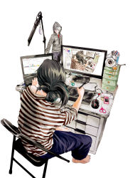 Rule 34 | 1boy, alarm clock, barefoot, black hair, brush, cellphone, chair, clock, computer, drawer, drawing, drawing tablet, figure, folding chair, from behind, highres, hood, hoodie, laptop, male focus, monitor, mouse (computer), off shoulder, original, pants, pen, phone, recursion, scissors, shirt, simple background, siyouko, solo, stationery, striped clothes, striped shirt, table, white background