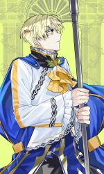 Rule 34 | 1boy, absurdres, alfred (fire emblem), ascot, blonde hair, blue cape, cape, closed mouth, fire emblem, fire emblem engage, frilled sleeves, frills, green eyes, highres, hmmjust 0000, holding, holding polearm, holding weapon, long sleeves, looking to the side, male focus, nintendo, polearm, short hair, solo, weapon, yellow ascot