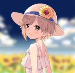 Rule 34 | 1girl, bare shoulders, blue sky, blurry, blurry background, blush, character name, cloud, day, depth of field, dress, field, flower, flower field, from side, hat, hat flower, idolmaster, idolmaster cinderella girls, kirarin369, looking at viewer, looking to the side, red eyes, short hair, sky, sleeveless, sleeveless dress, solo, sun hat, sunflower, sunflower field, tan, tareme, white dress, white hat, yellow flower