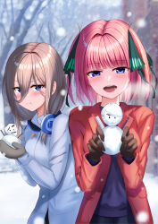 Rule 34 | 2girls, :t, black ribbon, blue coat, blue eyes, blunt bangs, blush, brown gloves, brown hair, butterfly hair ornament, character snowman, closed mouth, coat, commentary request, cowboy shot, eyelashes, eyes visible through hair, gloves, go-toubun no hanayome, hair between eyes, hair ornament, hair ribbon, hands up, happy, headphones, headphones around neck, highres, holding snowman, jitome, kukeylove, long hair, looking at viewer, medium hair, mittens, multiple girls, nakano miku, nakano nino, open mouth, outdoors, pout, red coat, red hair, ribbon, siblings, sisters, smile, snowing, snowman, standing, straight-on, teeth, uesugi fuutarou, upper teeth only, v-shaped eyebrows, visible air, winter