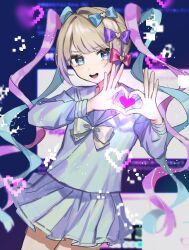 Rule 34 | 1girl, :d, blonde hair, blue background, blue bow, blue eyes, blue hair, blue shirt, blue skirt, bow, chouzetsusaikawa tenshi-chan, cowboy shot, hair bow, hair ornament, heart, heart hair ornament, heart hands, heart in eye, long hair, long sleeves, looking at viewer, multicolored hair, needy girl overdose, open mouth, pink bow, pink hair, pixel heart, pleated skirt, purple bow, quad tails, sailor collar, school uniform, serafuku, shirt, skirt, smile, solo, standing, symbol in eye, twintails, very long hair, wayon154, yellow bow