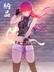 Rule 34 | 1girl, absurdres, backlighting, belly, chain, chain necklace, commentary, commission, crop top, cropped jacket, denim, denim shorts, eiyuu densetsu, english commentary, english text, furisode (pixilvina), gloves, gun, hair between eyes, handgun, highres, holding, holding gun, holding weapon, long hair, navel, necklace, red hair, sara valestein, sen no kiseki, shorts, skeb commission, smile, solo, swept bangs, thigh strap, thighhighs, weapon, yellow eyes