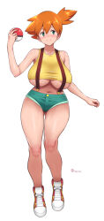 Rule 34 | 1girl, alternate breast size, areola slip, bare shoulders, blush, breasts, closed mouth, collarbone, creatures (company), curvy, denim, denim shorts, full body, game freak, gluteal fold, green eyes, holding, holding poke ball, large breasts, looking to the side, micro shorts, midriff, misty (pokemon), navel, nintendo, onomeshin, orange hair, poke ball, poke ball (basic), pokemon, pokemon (anime), pokemon (classic anime), shirt, shoes, shorts, side ponytail, simple background, smile, sneakers, solo, suspender shorts, suspenders, tank top, taut clothes, taut shirt, underboob, white background, wide hips, yellow shirt, yellow tank top