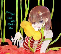 Rule 34 | 1other, black background, black eyes, blood, blood from mouth, blood on ground, broken finger, brown hair, bruise, bruised eye, closed eyes, completely nude, english text, flower, flowey (undertale), frisk (undertale), guro, injury, intestines, kiss, nude, plant, ribs, soseji (tjduswjd), spine, suspension, undertale, vines