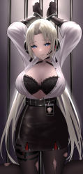 Rule 34 | 1girl, arms up, azur lane, belt, black belt, black bra, black gloves, black pantyhose, black skirt, blue eyes, bound, bound wrists, bra, breasts, cleavage, closed mouth, collared shirt, cowboy shot, eyelashes, forehead, gloves, hands up, kneeling, kronshtadt (azur lane), kronshtadt (begin the rush!) (azur lane), lace, lace-trimmed bra, lace trim, large breasts, long sleeves, looking at viewer, o-ring, official alternate costume, open clothes, open shirt, pantyhose, parted bangs, platinum blonde hair, shirt, skirt, solo, torn clothes, torn pantyhose, underwear, white hair, white shirt, you (yoyou)