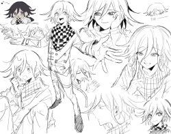 Rule 34 | 1boy, buttons, checkered clothes, checkered scarf, closed mouth, danganronpa (series), danganronpa v3: killing harmony, flipped hair, grin, hair between eyes, hand up, highres, long sleeves, male focus, oma kokichi, pants, purple eyes, scarf, shoes, sideways glance, sketch, smile, teeth, wa noko