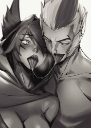 Rule 34 | 1boy, 1girl, after kiss, animal ears, bare shoulders, blush, breasts, cleavage, cloak, collarbone, couple, facial mark, greyscale, half-closed eyes, hetero, highres, hood, hooded cloak, jin rou, league of legends, medium breasts, monochrome, multicolored hair, one eye closed, open mouth, rakan (league of legends), saliva, saliva trail, streaked hair, tongue, tongue out, topless, upper body, xayah