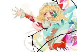 Rule 34 | 1girl, 1other, blonde hair, fangs, fingernails, flandre scarlet, foot out of frame, hat, high heels, highres, medium hair, mob cap, multicolored wings, nail polish, open mouth, puffy short sleeves, puffy sleeves, red eyes, red footwear, red nails, red skirt, red vest, sharp fingernails, shirt, short sleeves, simple background, skirt, teeth, thighhighs, touhou, vest, wan495, white background, white headwear, white shirt, white thighhighs, wings, wrist cuffs