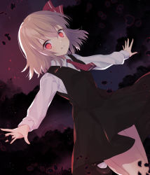 Rule 34 | 1girl, ascot, black dress, black footwear, blonde hair, breasts, collared shirt, dress, duplicate, hair ribbon, highres, long sleeves, mary janes, outstretched arms, pixel-perfect duplicate, purin jiisan, red ascot, red eyes, red ribbon, ribbon, rumia, shirt, shoes, short hair, small breasts, socks, spread arms, touhou, vest, white shirt