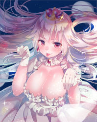 Rule 34 | 1girl, blush, breasts, brooch, claw pose, cleavage, closed mouth, collar, collarbone, commentary request, crown, detached collar, dress, earrings, fangs, floating hair, frilled collar, frilled dress, frilled sleeves, frills, ghost pose, gloves, jewelry, large breasts, long hair, looking at viewer, luigi&#039;s mansion, mario (series), nemuri nemu, new super mario bros. u deluxe, nintendo, pointy ears, princess king boo, red eyes, smile, solo, sparkle, super crown, symbol in eye, tongue, tongue out, upper body, v-shaped eyebrows, very long hair, white dress, white gloves