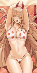 Rule 34 | 1girl, arm behind head, armpits, arms up, bikini, blonde hair, breasts, chainsaw man, cleavage, cross-shaped pupils, crosshair pupils, demon horns, gluteal fold, groin, hair between eyes, head on pillow, highres, horns, large breasts, long hair, looking at viewer, lying, navel, on back, open mouth, pillow, polka dot, polka dot bikini, power (chainsaw man), raised eyebrows, sharp teeth, skindentation, solo, string bikini, swimsuit, symbol-shaped pupils, teeth, thigh gap, thighs, tony guisado, underboob, very long hair, white bikini