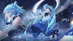 Rule 34 | 1girl, absurdres, arm tattoo, bare arms, black footwear, blue eyes, blue hair, character name, commentary, dress, earrings, full body, hair between eyes, hatsune miku, high heels, highres, jewelry, jie xiaoming, long dress, long hair, number tattoo, parted lips, solo, sparkle, standing, tattoo, twintails, very long hair, vocaloid, white dress, zoom layer