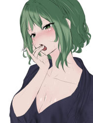 Rule 34 | 1girl, alternate costume, blue robe, blush, breasts, cleavage, collarbone, commentary, green eyes, green hair, half-closed eyes, licking, licking finger, medium breasts, open mouth, robe, saliva, simple background, soga no tojiko, solo, sweat, tlandolt69, tongue, touhou, upper body, white background