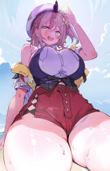 Rule 34 | 1girl, absurdres, atelier (series), atelier ryza, atelier ryza 3, bare shoulders, blush, breasts, brown eyes, brown hair, cleavage, close-up, curvy, hair ornament, hairclip, hat, highres, jewelry, large breasts, looking at viewer, lower body, open mouth, red shorts, reisalin stout, shiny skin, short hair, short shorts, shorts, sitting, smile, solo, sweat, thick thighs, thigh focus, thighs, tunoko98, white hat