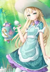 Rule 34 | 1girl, :o, apron, bad id, bad pixiv id, blonde hair, blue dress, blush, braid, chair, creatures (company), cup, day, dress, game freak, gen 8 pokemon, green apron, green eyes, hand up, hands up, hat, highres, holding, holding cup, lillie (pokemon), lillie (special costume) (pokemon), long hair, looking at viewer, murano, nintendo, outdoors, pantyhose, parted lips, pokemon, pokemon (creature), pokemon masters ex, pokemon sm, polteageist, short sleeves, sun hat, table, teapot, tree, very long hair, white headwear, white pantyhose