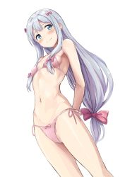 Rule 34 | 10s, 1girl, absurdres, akita hika, armpits, arms up, bad id, bad twitter id, bare arms, bare shoulders, bikini, blue eyes, blush, bow, breasts, collarbone, commentary request, cowboy shot, eromanga sensei, from below, hair bow, highres, izumi sagiri, long hair, looking at viewer, looking down, low-tied long hair, navel, pink bikini, pink hair, pink ribbon, revision, ribbon, side-tie bikini bottom, sideboob, sidelocks, silver hair, simple background, sketch, small breasts, solo, standing, stomach, swimsuit, tall, tareme, thighs, underwear, very long hair, white background