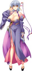 Rule 34 | 1girl, absurdres, bare shoulders, blue hair, breasts, cape, cleavage, collarbone, detached sleeves, full body, gengan, hair between eyes, hair ornament, half updo, halterneck, highres, hikage eiji, japanese clothes, koihime musou, large breasts, looking at viewer, nail polish, sandals, shin koihime musou, short hair, simple background, smile, solo, standing, toenail polish, toenails, torn cape, torn clothes, transparent background, wavy hair, white background, wide sleeves, yellow eyes