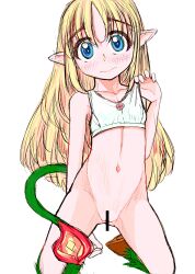 Rule 34 | 1girl, 3:, arm behind back, bar censor, blonde hair, blue eyes, body fur, bottomless, breasts, bright pupils, censored, closed mouth, clothes lift, collarbone, furrowed brow, futaba channel, green fur, green tail, hand up, highres, hooves, horns, horse tail, kirin (nijiura maids), kneeling, lifting own clothes, midriff, navel, nijiura maids, pointy ears, satyr, simple background, single horn, skin-covered horns, small breasts, solo, sports bra, sports bra lift, tail, tsukiyono aroe, white background, white pupils, white sports bra