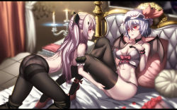 Rule 34 | 10s, 2girls, ankle ribbon, arched back, arm cuffs, backlighting, bed, bedroom, bent over, black legwear, black panties, blue hair, blurry, blush, boots, bouquet, bow, breasts, candle, candlestand, choker, chuunibyou, cleavage, crossover, curtains, depth of field, eyelashes, flower, gleam, hand on another&#039;s thigh, hand on own chest, hat, hat bow, head tilt, highres, hk (hk), imminent penetration, indoors, knee boots, krul tepes, leaning back, leg ribbon, legs, letterboxed, light trail, long hair, looking at another, mob cap, multiple girls, navel, nose, owari no seraph, panties, panties under pantyhose, pantyhose, parted lips, pillow, polka dot, polka dot panties, purple hair, red eyes, red footwear, remilia scarlet, ribbon, room, shoes, short hair, sitting, slit pupils, smile, stomach, thighband pantyhose, thighhighs, thighs, tile floor, tiles, topless, touhou, underwear, vampire, very long hair, wrist cuffs, yuri