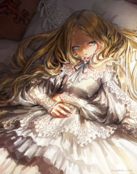 Rule 34 | 10s, 1girl, 2014, artist name, bed, bed sheet, blonde hair, blue eyes, dress, jane mere, lace, long hair, looking at viewer, lying, neck ribbon, on back, on bed, original, pillow, ribbon, signature, solo