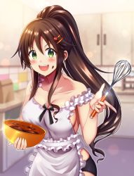 Rule 34 | 1girl, :d, apron, black panties, blush, bowl, breasts, brown hair, chocolate, chocolate on face, cleavage, covered erect nipples, food, food on face, green eyes, hair ornament, hairclip, himekawa yuki, holding, holding bowl, holding whisk, idolmaster, idolmaster cinderella girls, indoors, kitchen, large breasts, long hair, looking at viewer, nearly naked apron, open mouth, panties, ponytail, sideboob, smile, solo, underwear, valentine, whisk, z.nov