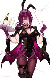 Rule 34 | 1girl, alcohol, alternate costume, animal ears, artist name, asymmetrical gloves, bare arms, black choker, black coat, black leotard, boots, bottle, breasts, brown footwear, buttons, champagne, champagne bottle, champagne flute, chest strap, choker, cleavage, closed mouth, coat, coat on shoulders, commentary, covered navel, cup, detached collar, drinking glass, english commentary, eyelashes, eyewear on head, fake animal ears, feet out of frame, finger heart, glass, gloves, groin, hair between eyes, hair intakes, hands up, heart, highleg, highleg leotard, highres, holding, holding tray, honkai: star rail, honkai (series), jewelry, kafka (honkai: star rail), knee boots, lapels, large breasts, leotard, letter, lips, long hair, long sleeves, looking at viewer, love letter, mismatched gloves, moddedjoker, mole, mole on breast, mole on thigh, multiple moles, multiple rings, multiple thigh straps, notched lapels, open clothes, open coat, playboy bunny, ponytail, print coat, print gloves, purple eyes, purple gloves, rabbit ears, ring, round eyewear, see-through, see-through legwear, semi-rimless eyewear, shadow, sidelocks, simple background, single boot, single knee boot, skin tight, skindentation, smile, snapping fingers, solo, spider web print, standing, strap, sunglasses, thigh strap, thighs, thread, tinted eyewear, tray, two-sided coat, two-sided fabric, white background, white wrist cuffs, wing collar, wrist cuffs