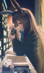 Rule 34 | 1girl, admire vega (umamusume), animal ears, black coat, blue scarf, box, box of chocolates, brown hair, can, canned coffee, cityscape, coat, coffee, drink, drink can, ear covers, ear ornament, gift, gift box, hair between eyes, happy valentine, highres, holding, holding drink, horse ears, horse girl, incoming gift, ledge, long hair, long sleeves, looking at viewer, night, patio, purple eyes, rang c, real life, scarf, single ear cover, solo, striped clothes, striped scarf, umamusume, valentine, vertical-striped clothes, vertical-striped scarf, winter clothes