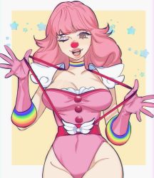Rule 34 | 1girl, ace attorney, alternate breast size, blush, breasts, choker, cleavage, clown, clown nose, dress, frills, geiru toneido, gloves, highres, large breasts, leotard, looking at viewer, makeup, maplekeurig, medium hair, multicolored clothes, open mouth, phoenix wright: ace attorney - spirit of justice, pink dress, pink gloves, pink hair, rainbow, smile, solo, suspenders