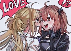 Rule 34 | !?, 2girls, ahoge, annoyed, artoria caster (fate), artoria pendragon (fate), black gloves, blonde hair, blue bow, blush, body blush, bow, collared shirt, crossed bangs, ear blush, eiki (eikityou 55), english text, fang, fate/grand order, fate (series), flustered, fujimaru ritsuka (female), fujimaru ritsuka (female) (polar chaldea uniform), gloves, hair between eyes, hand up, highres, leaning forward, long hair, looking at another, multiple girls, nape, no headwear, open mouth, orange eyes, orange hair, popped collar, profile, shirt, short hair, side ponytail, simple background, surprised, sweat, twintails, uniform, upper body, v-shaped eyebrows, white background, white shirt, wide-eyed, yellow eyes, yuri