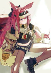 1girl absurdres animal_ears arknights ascot belt black_ascot black_shirt black_shorts brown_gloves brown_pantyhose cenm0 character_name chinese_commentary closed_mouth commentary_request crop_top cropped_shirt gloves grey_belt grey_jacket hair_between_eyes hair_intakes highres jacket long_hair long_sleeves looking_ahead midriff navel off_shoulder pantyhose pink_hair purple_eyes ray_(arknights) shirt short_sleeves short_socks shorts sitting sketch solo sound_effects visor_cap zzz