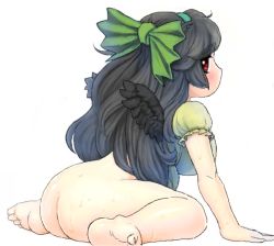Rule 34 | 1girl, arm support, ass, bare arms, bare legs, barefoot, bird wings, black hair, black wings, blouse, blush, bottomless, bow, bright background, from side, full body, green bow, hair bow, hairband, leaning forward, looking at viewer, mini wings, no mouth, puffy short sleeves, puffy sleeves, red eyes, reiuji utsuho, shirt, short sleeves, sideways glance, simple background, sitting, solo, sweat, thick eyebrows, touhou, wariza, white background, wings, yonaki