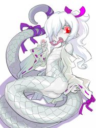 Rule 34 | 10s, 1girl, 2013, albino, ass, forked tongue, indee, lamia, long tongue, monster girl, original, pale skin, red eyes, ribbon, scales, snake tail, snakeskin print, solo, tail, tongue, tongue out, white hair