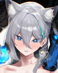Rule 34 | 1girl, animal ear fluff, blue archive, blue eyes, collarbone, cross hair ornament, dragon, eastern dragon, grey hair, hair between eyes, hair ornament, heart, heart-shaped pupils, highres, kazane-wind, looking at viewer, parted lips, shiroko (blue archive), shiroko terror (blue archive), solo, sweatdrop, symbol-shaped pupils, upper body