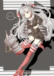 Rule 34 | 10s, 1girl, absurdres, amatsukaze (kancolle), bad id, bad pixiv id, black panties, blush, breasts, brown dress, brown eyes, dress, full body, garter straps, gloves, grey background, hair tubes, highres, kantai collection, lifebuoy, long hair, long sleeves, panties, pantyshot, piu (1198454470), piuta, red thighhighs, rensouhou-kun, sailor collar, sailor dress, see-through, shadow, short dress, silver hair, simple background, single glove, small breasts, solo, spoken blush, standing, striped clothes, striped thighhighs, swim ring, thighhighs, two side up, underwear, white gloves