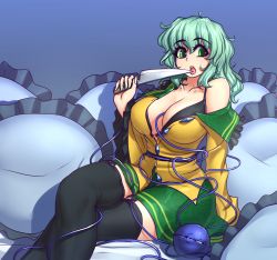Rule 34 | 1girl, aged up, alternate breast size, between breasts, black bra, black thighhighs, blouse, blue background, bra, breasts, cleavage, commentary, crossed legs, floral print, garter straps, green eyes, green hair, green nails, green skirt, hand up, hater (hatater), highres, holding, holding knife, knife, komeiji koishi, large breasts, leaning back, looking at viewer, messy hair, miniskirt, nail polish, off shoulder, pillow, shirt, sitting, skirt, solo, thighhighs, third eye, tongue, touhou, underwear