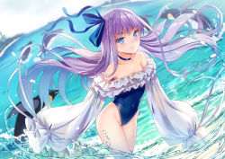 Rule 34 | 1girl, animal, bare shoulders, bird, blue choker, blue eyes, blue one-piece swimsuit, blue ribbon, blurry, blush, breasts, choker, collarbone, commentary request, cowboy shot, depth of field, fate/grand order, fate (series), frills, hair ribbon, in water, long hair, looking at viewer, meltryllis, meltryllis (fate), meltryllis (swimsuit lancer) (fate), meltryllis (swimsuit lancer) (second ascension) (fate), navel, one-piece swimsuit, penguin, purple hair, ribbon, sleeves past fingers, sleeves past wrists, small breasts, solo, swimsuit, very long hair, water, yan (nicknikg)