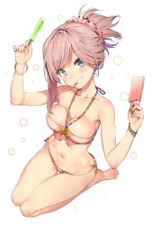 Rule 34 | 1girl, asymmetrical hair, bandeau, bare shoulders, barefoot, bikini, blue eyes, blush, bracelet, breasts, cleavage, collarbone, commentary request, fate/grand order, fate (series), feet, food, hands up, head tilt, highres, jewelry, looking at viewer, looking to the side, medium breasts, miyamoto musashi (fate), mouth hold, navel, pink bikini, pink hair, ponytail, popsicle, popsicle stick, scrunchie, seiza, simple background, sitting, smile, solo, strapless, swimsuit, thighs, tube top, white background, yuran