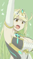 Rule 34 | 1girl, arm up, armpits, breasts, circlet, cleavage, cleavage cutout, clothing cutout, core crystal (xenoblade), dress, earrings, elbow gloves, gloves, green background, highres, jewelry, large breasts, long hair, looking at viewer, mythra (xenoblade), open clothes, open mouth, simple background, solo, swept bangs, teeth, upper body, upper teeth only, very long hair, wachi 99, white dress, white gloves, xenoblade chronicles (series), xenoblade chronicles 2