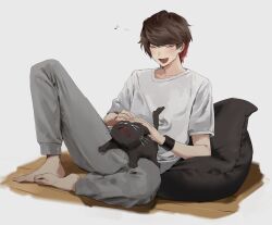 Rule 34 | 1boy, absurdres, barefoot, brown hair, cat, closed eyes, commentary request, creature, fang, full body, gradient hair, grey background, grey pants, highres, jiz (pffbq), kiyo (youtuber), knee up, male focus, multicolored hair, musical note, open mouth, pants, petting, pillow, real life, red hair, shirt, short hair, short sleeves, simple background, sitting, skin fang, solo, t-shirt, white shirt, wooden floor