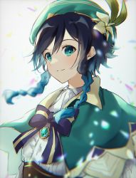 Rule 34 | 1boy, absurdres, androgynous, aoi hane, beret, black hair, blue hair, bow, braid, brooch, closed mouth, collared cape, collared shirt, commentary request, corset, flower, gem, genshin impact, gradient hair, green eyes, green hat, hat, hat flower, highres, jewelry, leaf, looking at viewer, male focus, multicolored hair, shirt, short hair with long locks, sidelocks, simple background, smile, solo, twin braids, venti (genshin impact), white background, white flower, white shirt