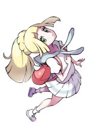 Rule 34 | 1girl, backpack, bag, blonde hair, commentary request, creatures (company), eyelashes, full body, game freak, green eyes, hand up, head back, highres, kisama (0213), lillie (pokemon), looking at viewer, nintendo, parted lips, pleated skirt, pokemon, pokemon sm, ponytail, shirt, shoes, short sleeves, simple background, skirt, socks, solo, spread fingers, white background, white footwear, white socks