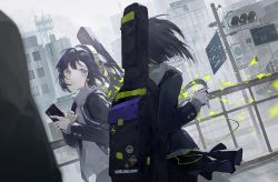 Rule 34 | 2girls, black skirt, blazer, blue eyes, blue jacket, blurry, blurry background, building, buttons, cable, city, commentary, facing away, green hair, guitar case, hands up, headphones, headphones removed, highres, holding, holding headphones, holding phone, hood, hoodie, instrument case, jacket, looking at another, mechari, multicolored hair, multiple girls, original, outdoors, parted lips, phone, pole, purple hair, railing, sign, skirt, traffic light, two-tone hair